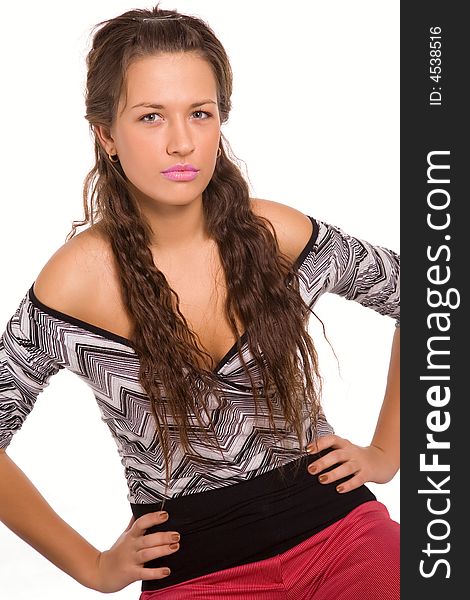 Portrait of pretty young woman in red skirt over white