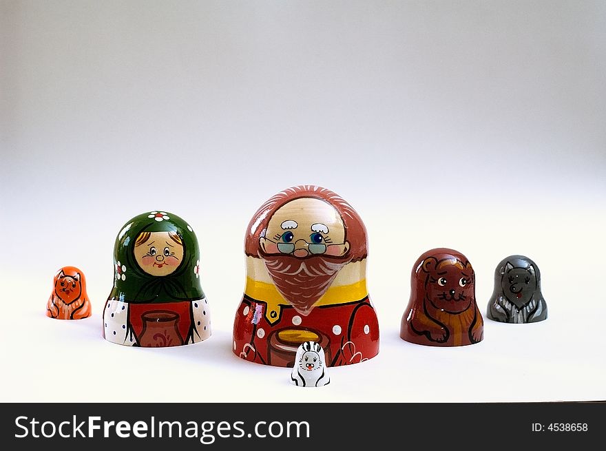 Matreshka in form of characters of Russian fairy tale Kolobok