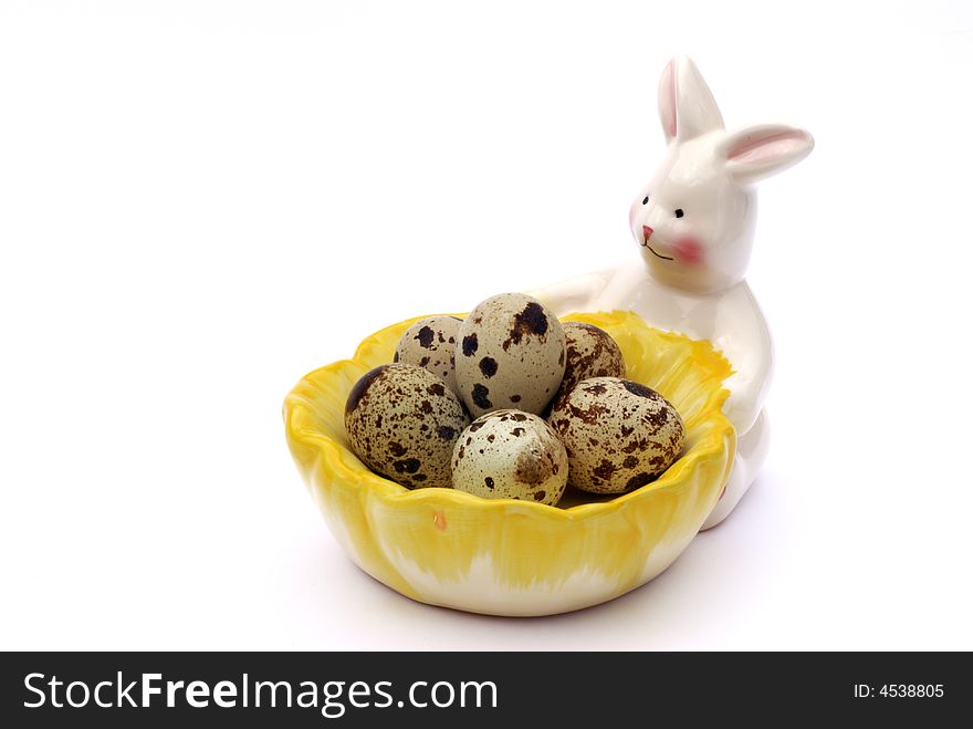 Quail eggs on bunny tray with white background