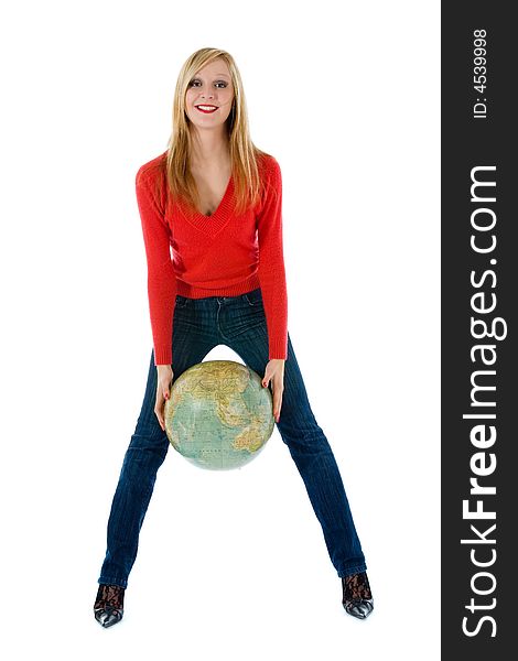 Young woman with  globe on  white  background