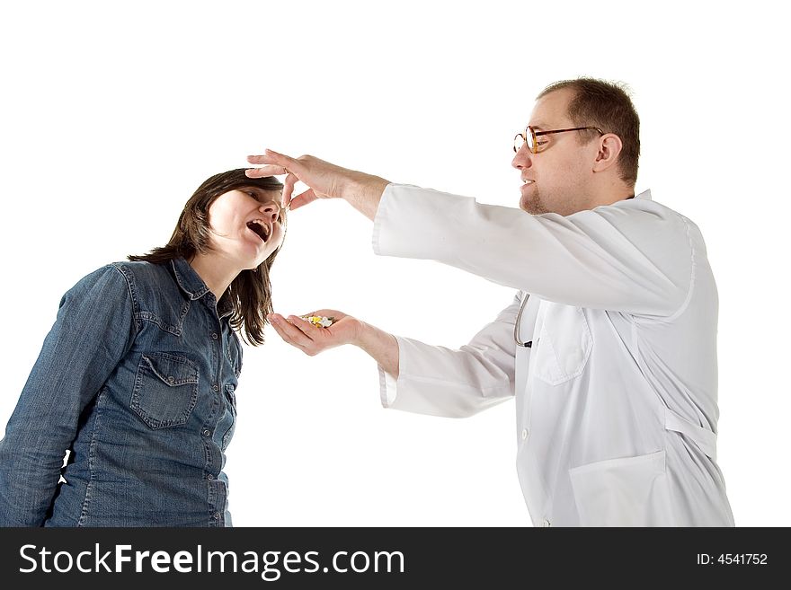 Doctor gives patient of a tablet. It is isolated on white.