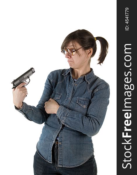 Eccentric woman with the weapon. It is isolated on white.