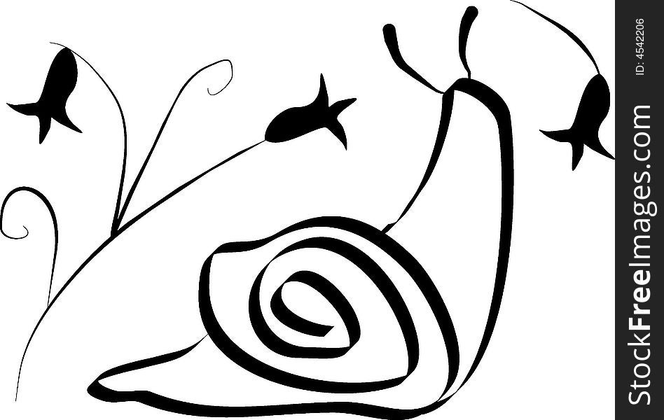 Decorative rasterized vector illustration, snail, flowers. Decorative rasterized vector illustration, snail, flowers