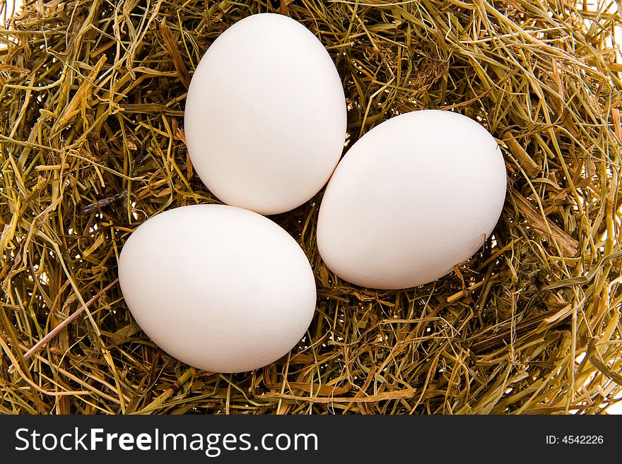 Three chicken white eggs in a nest from a dry grass close up. Three chicken white eggs in a nest from a dry grass close up