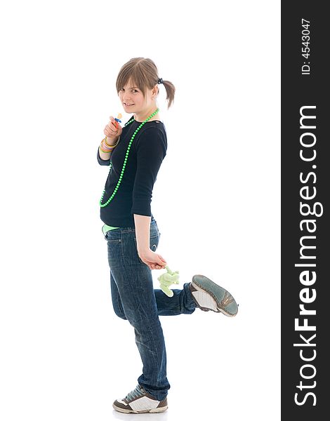 The young amusing girl with a dummy isolated on a white background