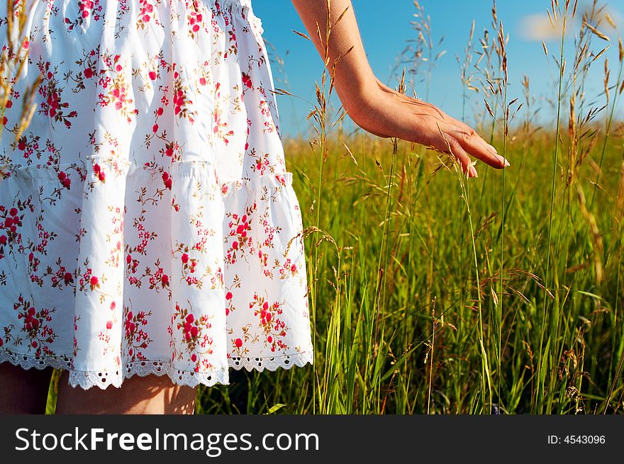 Woman hand in field under blue sky