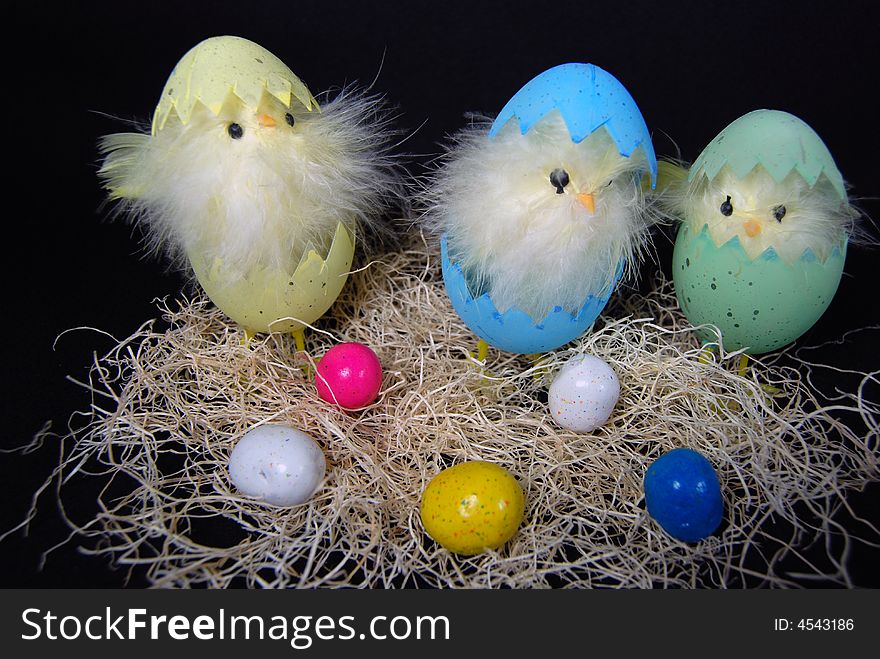 Cute baby chicks with easter eggs. Cute baby chicks with easter eggs.
