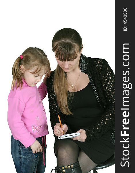 Girl with pencil and notebook, on white background, and child