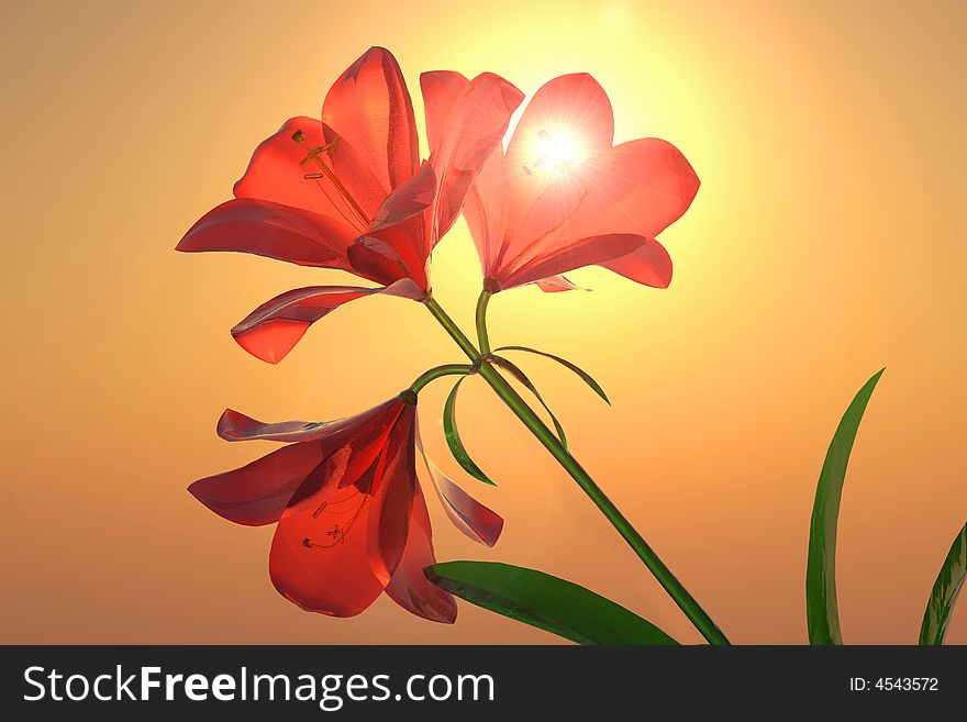 Scene red glass flowers   Executed in 3D