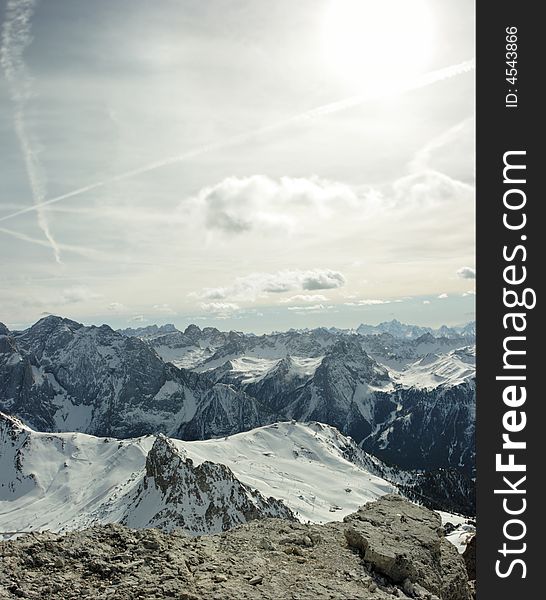 Vertical panorama of sky over Dolomites. View from 3000m over the sea level