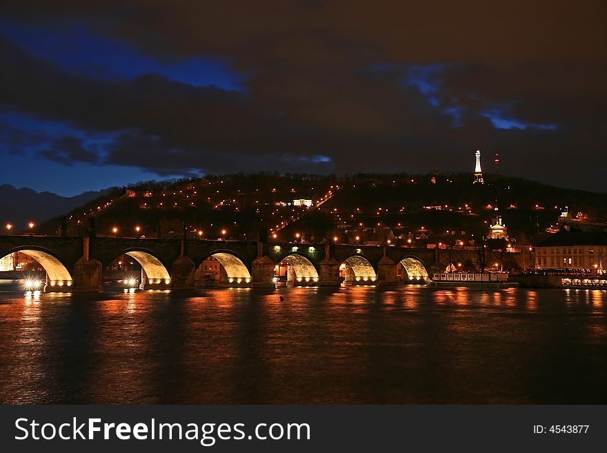 The famous Charles Bridge in Prague City at night