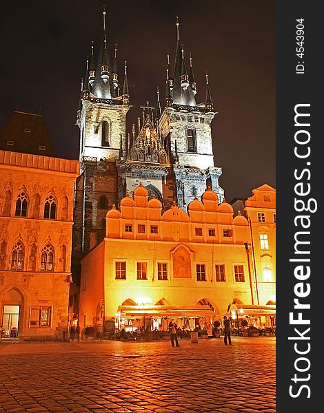 The Old Town Square at night in the center of Prague City