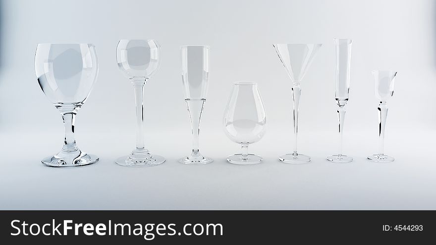 Different glasses for drinks on grey background. Different glasses for drinks on grey background