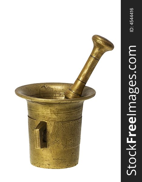 Brass mortar and pestle on the white background