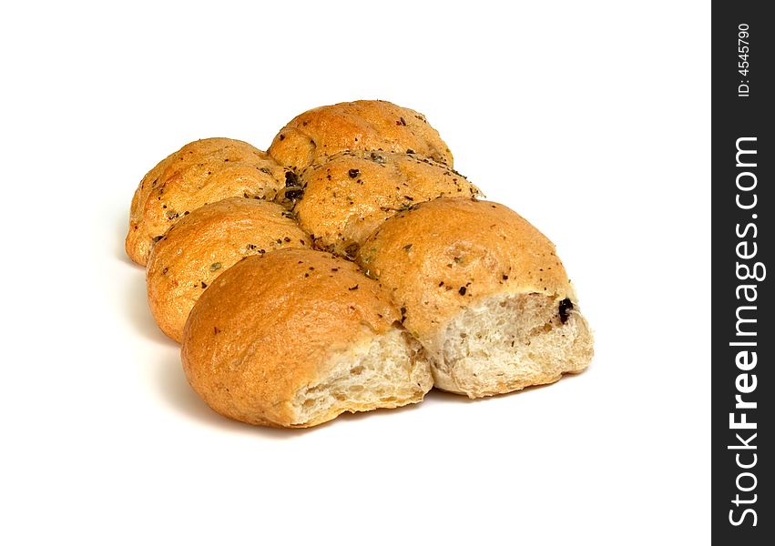 Six italian-style olive buns from grey flour, isolated on white