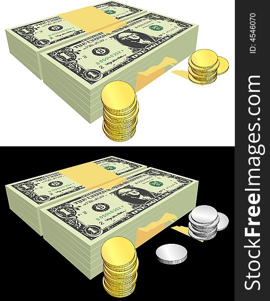 Vector illustration with dollars and coins. Vector illustration with dollars and coins