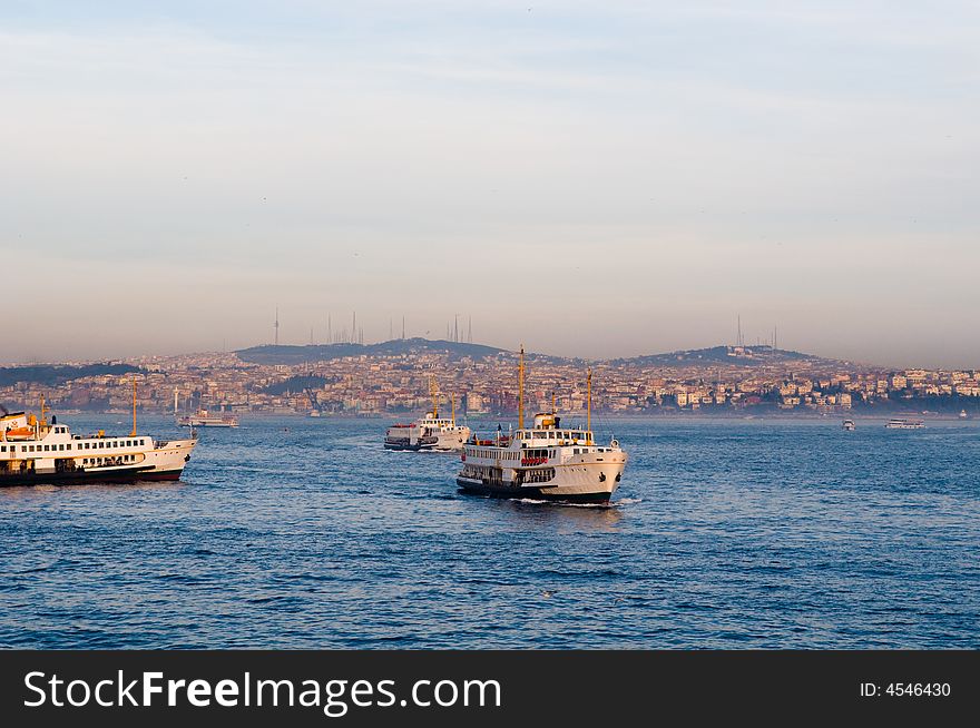 Ferryboats in the Bosphorus 
( in Istanbul, Turkey ).