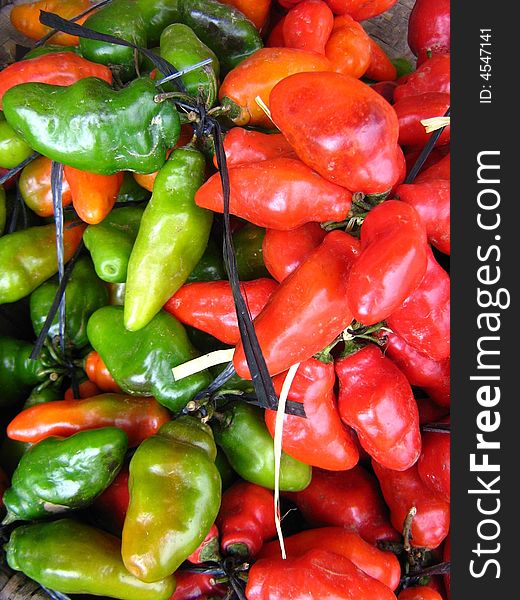 A combination of red hot and mild green chillies from the highlands in Indonesia. A combination of red hot and mild green chillies from the highlands in Indonesia.