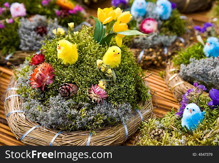 Easter chicken on the wooden plate