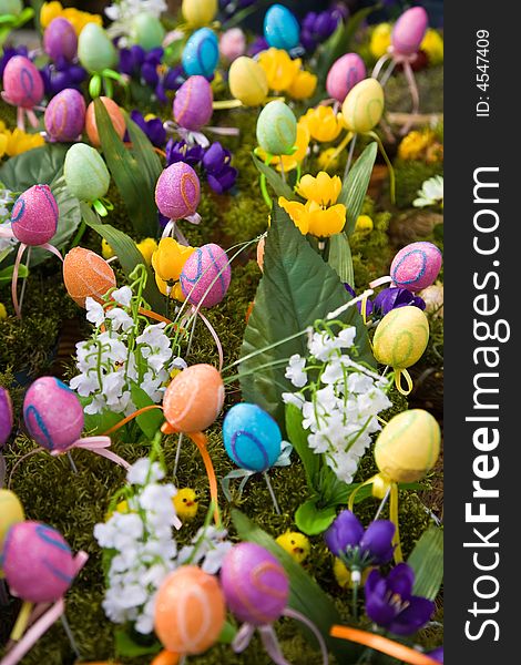 Easter eggs on the green moss