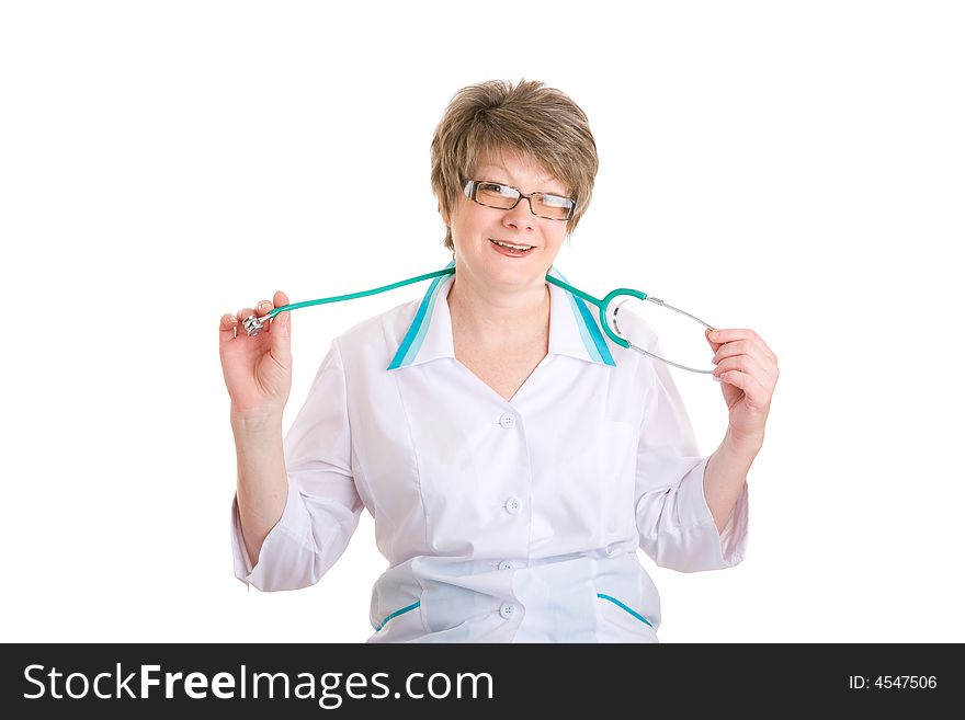 The joyful doctor with a phonendoscope in hands