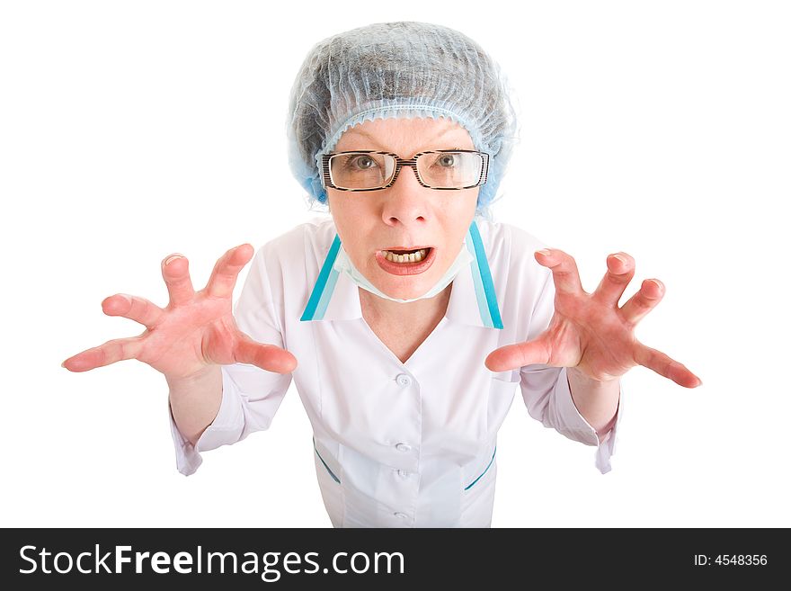 Woman dressed as a doctor with hands ready to seize everyone. Woman dressed as a doctor with hands ready to seize everyone