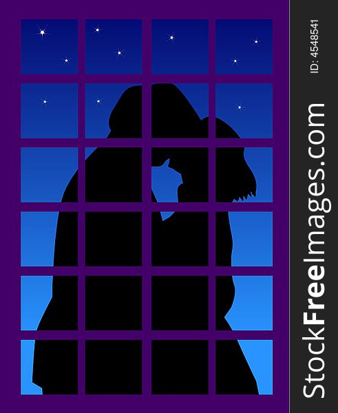A vector illustration for a couple kissing outside the window in a beautiful night.