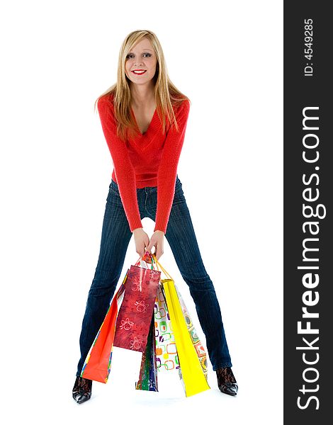 Expressive woman  on white background  shopping. Expressive woman  on white background  shopping