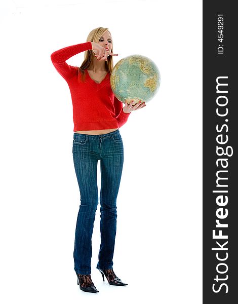 Young woman with  globe on  white  background