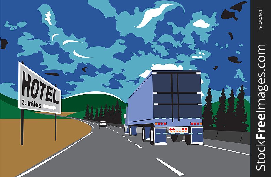 Illustration of heavy wheel on the road with hotel sign on the left side of the road