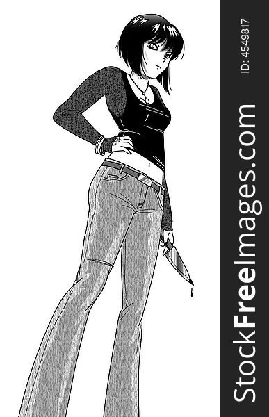Black and white illustration of a attractive girl with a knife dirty of blood. Manga style. Black and white illustration of a attractive girl with a knife dirty of blood. Manga style.