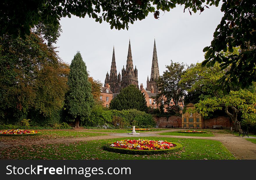 Lichfield Cathedral spires taken from the memorial garden. Lichfield Cathedral spires taken from the memorial garden