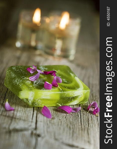 Spa accessories, green soap and candles