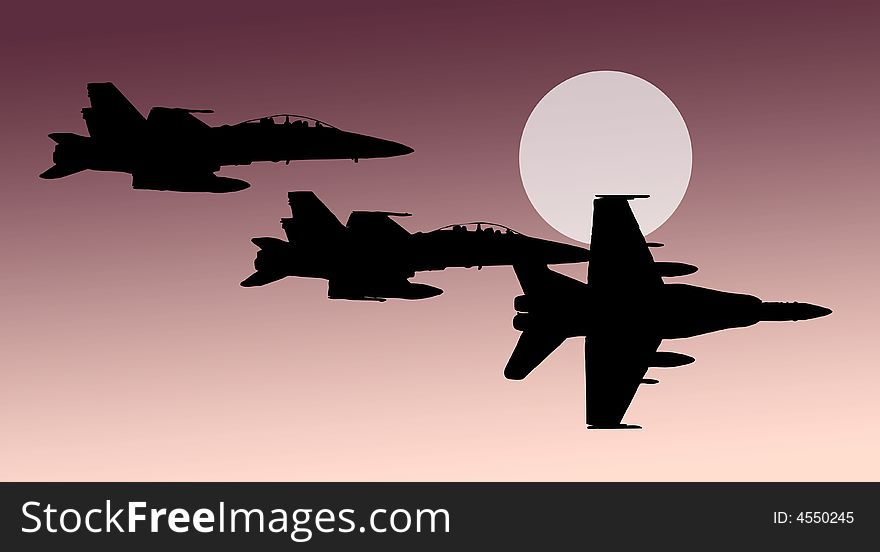 Vector of airplane Mig; pink sunset sky and three black plane silhouettes in the sky