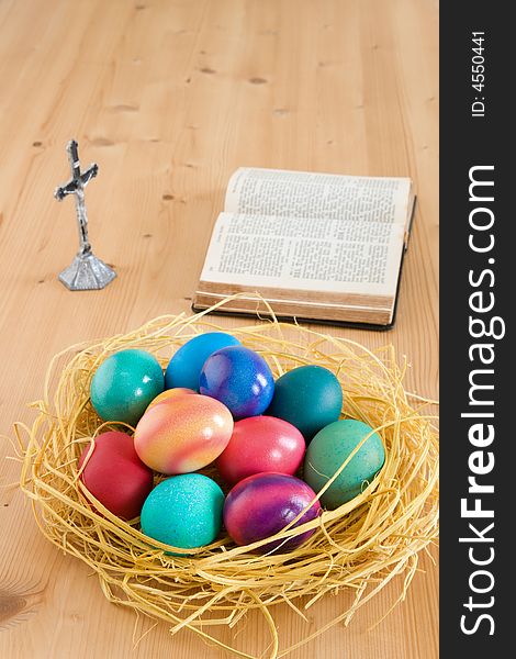 Easter eggs on a wooden table. Easter eggs on a wooden table.