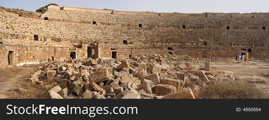 Panoramic view of ancient Roman amphitheatre. It lies about a kilometre east of Leptis Magna city centre. Libya. Panoramic view of ancient Roman amphitheatre. It lies about a kilometre east of Leptis Magna city centre. Libya.