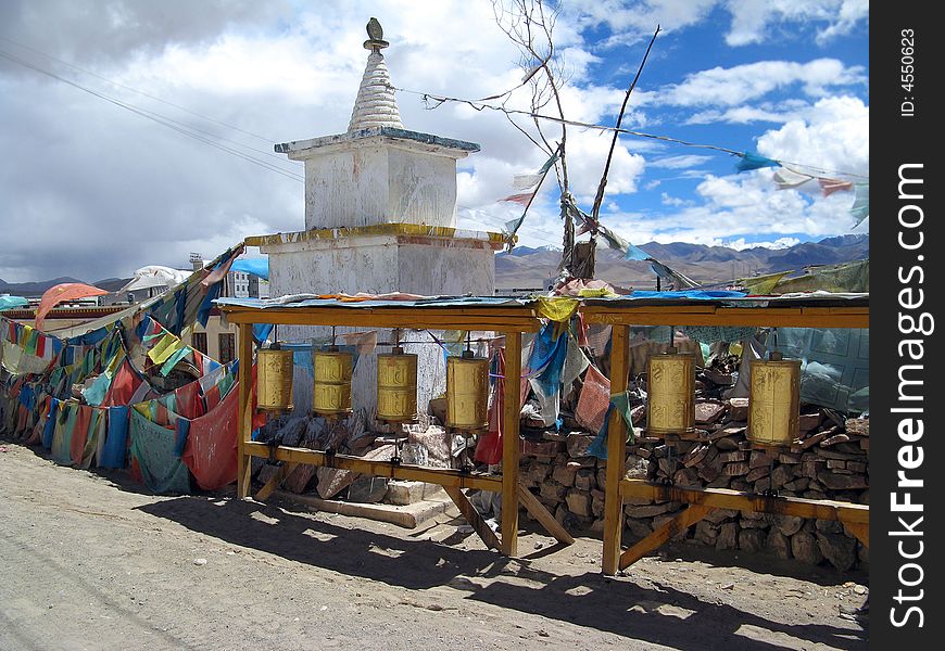 Tibetan prayer flags and prayer wheels