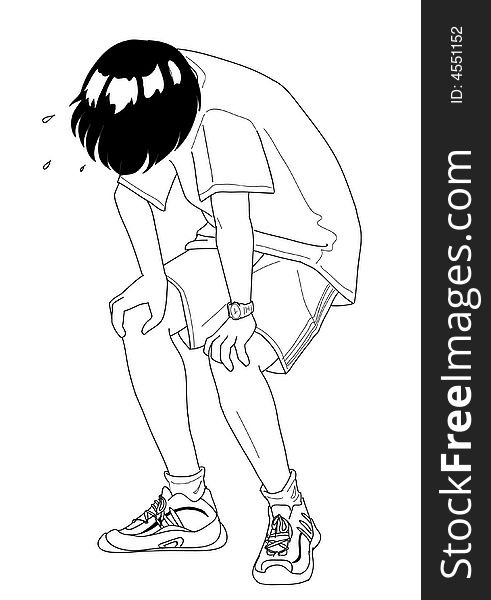 Black and white illustration of a boy puffing and panting after doing exercises. Manga style. Black and white illustration of a boy puffing and panting after doing exercises. Manga style.