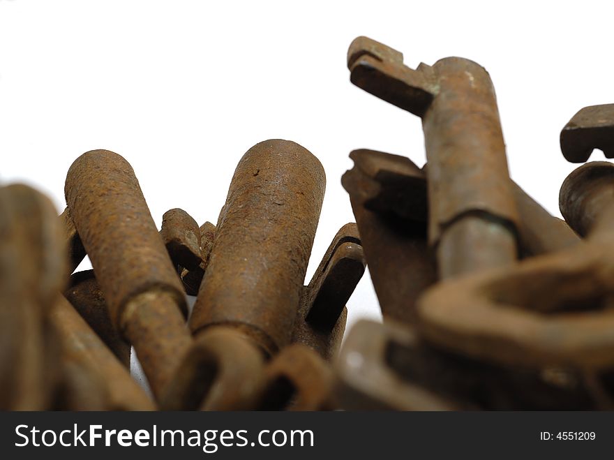 Isolated old antique keys object. Isolated old antique keys object