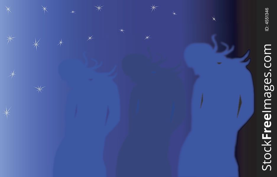 Background in dark blue tones with stars and woman silhouette. Background in dark blue tones with stars and woman silhouette