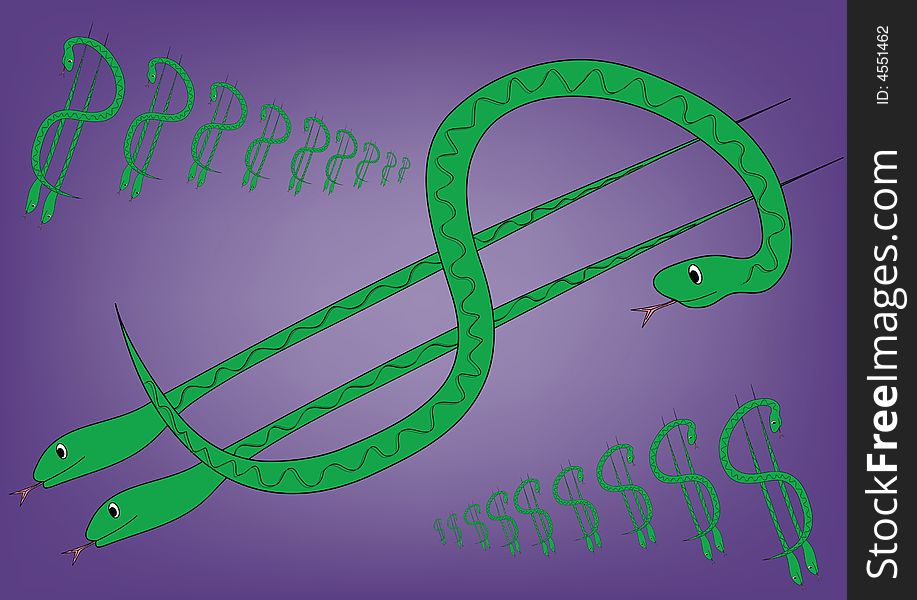 Dollar and green  snake on purple background