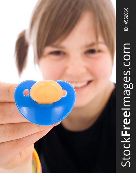 The young amusing girl with a dummy isolated on a white background