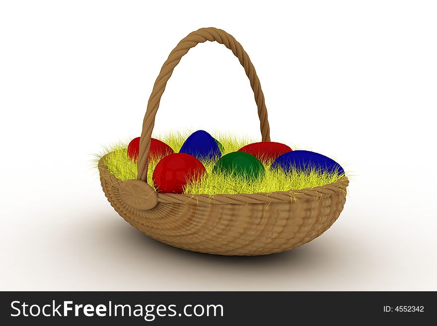 Easter eggs in a basket on a white backround