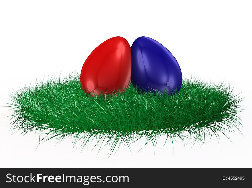 Red And Blue Egg On Grass