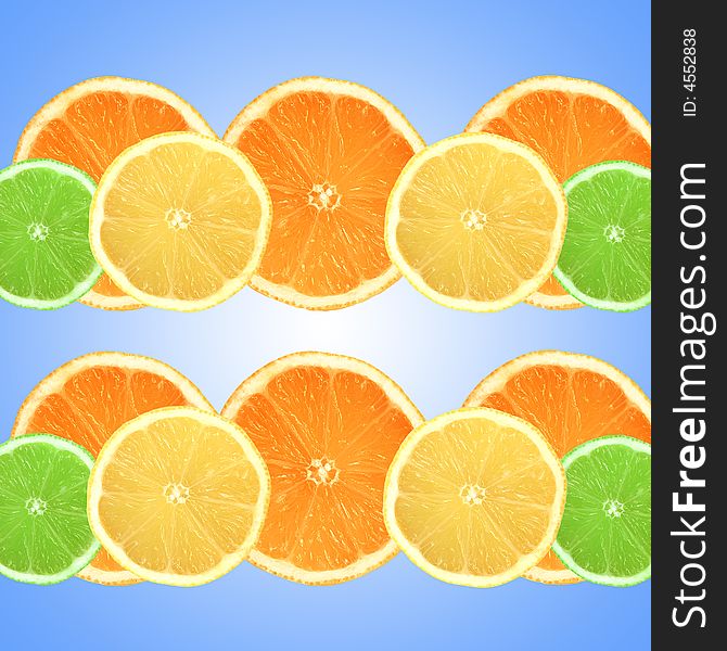 Lemon, lime and orange citrus fruit slices in two horizontal lines and set against a sky blue background with a central white glow. Lemon, lime and orange citrus fruit slices in two horizontal lines and set against a sky blue background with a central white glow.