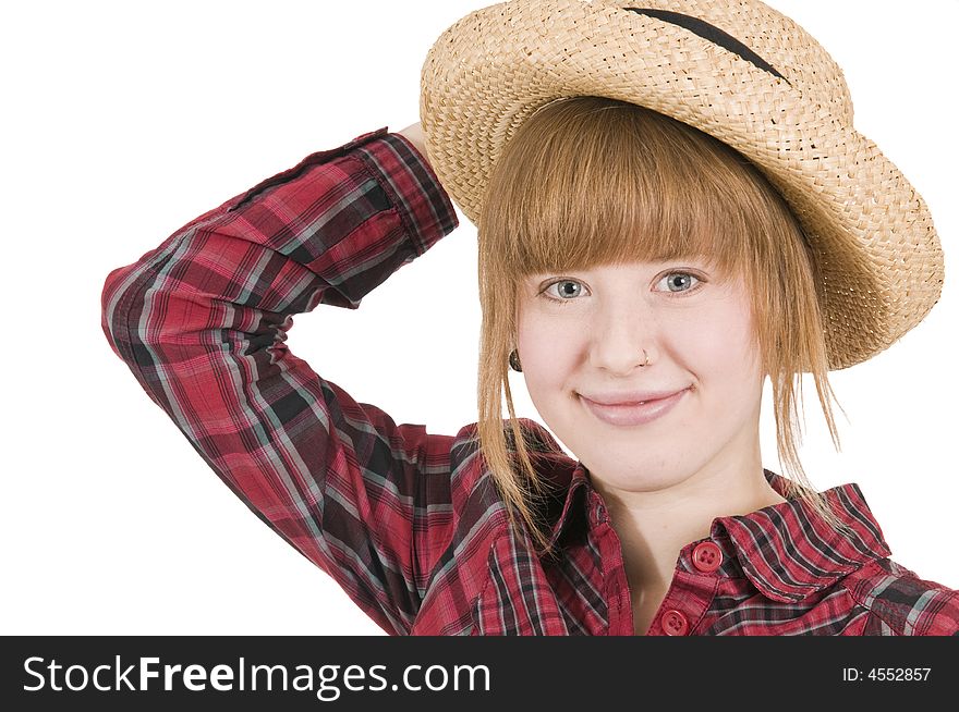 Girl with straw hat hold the hat. Girl with straw hat hold the hat