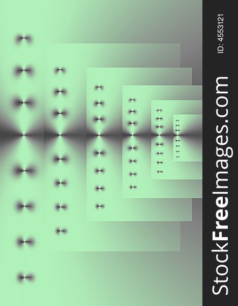 Abstract design in silver green and white of six repeating rectangules of various sizes with points of light on a horizontal axis. Abstract design in silver green and white of six repeating rectangules of various sizes with points of light on a horizontal axis.