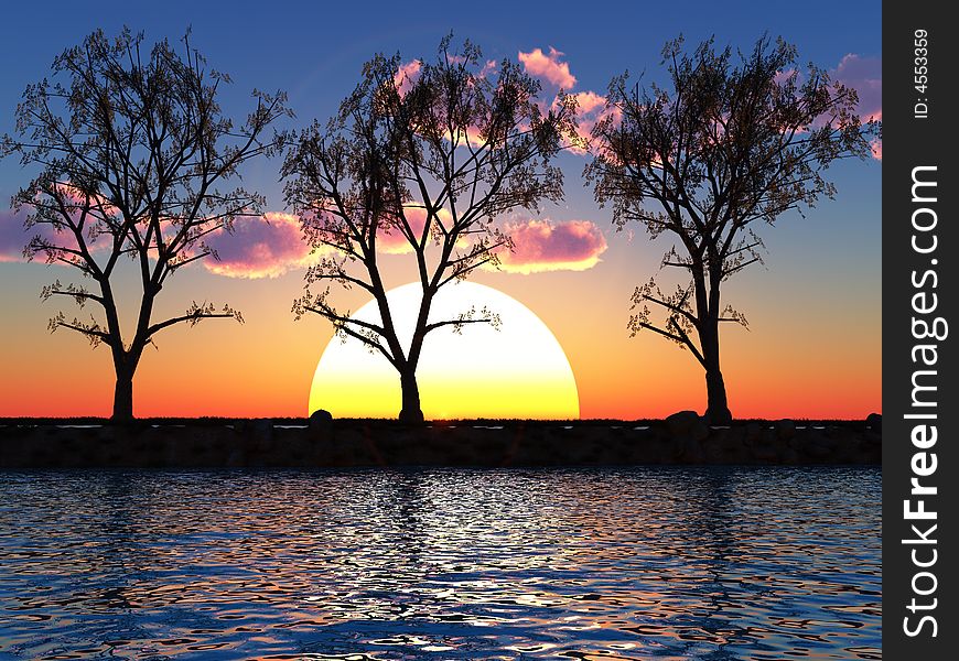 Three trees on the river coast - digital artwork