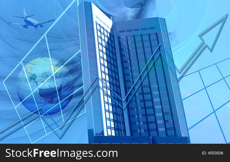 This blue business related design shows a huge building / skyscraper with a grid (-like) pattern.The shapes with the grid patterns on the left and right side have the function of windows. The globe and arrow are metaphors for world wide business and upgoing success. This blue business related design shows a huge building / skyscraper with a grid (-like) pattern.The shapes with the grid patterns on the left and right side have the function of windows. The globe and arrow are metaphors for world wide business and upgoing success.