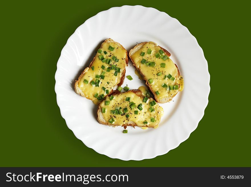 Bread with cheese and onion on isolated plate with path. Bread with cheese and onion on isolated plate with path